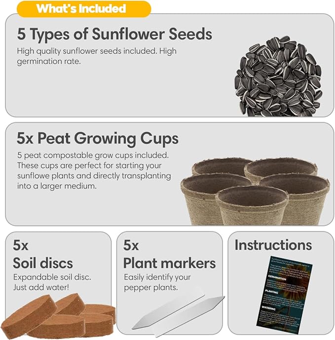 Sunflower Seed Growing Kit -All in One Sun Flower Garden Kit - A Complete Sunflower Gift - Beginner Starter Plants- Seed Variety Pack