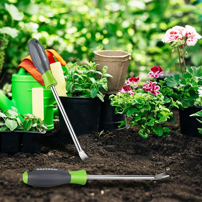 WORKPRO 11.5" Dandelion Weeder Puller Tool with Soft Handle, Polished Stainless Steel Garden Weed Remover Tool, Two-Pronged Fork Weeder Tool for Lawn Farmland Transplant Gardening Plant Tool