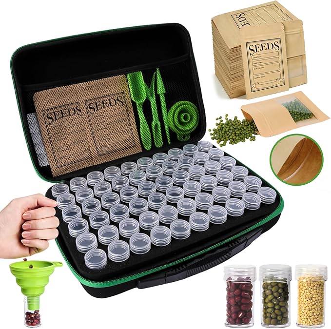 Seed Storage Organizer Box 60 Slots, with 20 Envelopes and Small Tool, Sturdy Seeds Saving Seed Bank Container Kit (Seeds not Included)